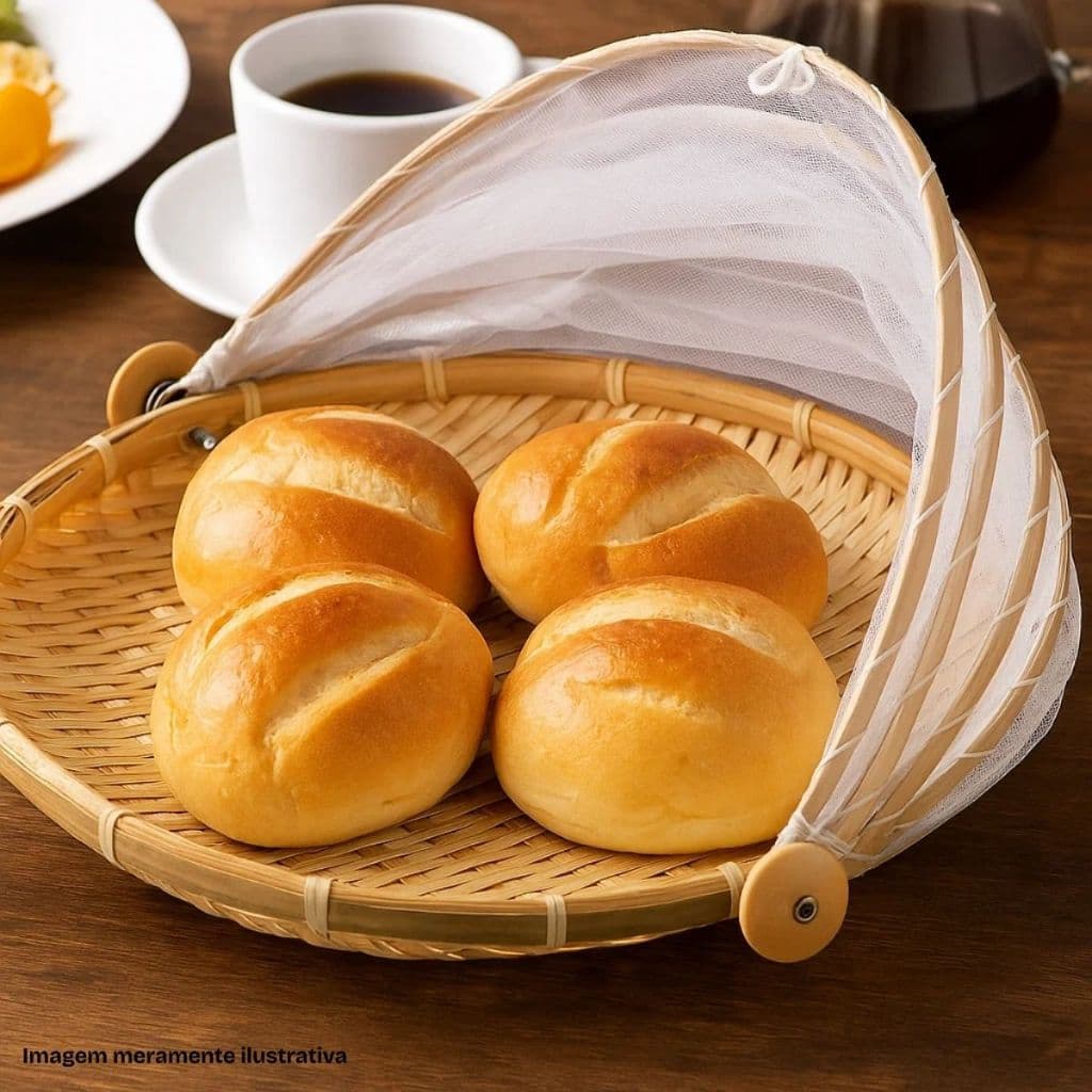 Cesto Porta Pães Bolo Frutas Piquenique Bambu Cobertura Tela Retrátil Retângular 40CM