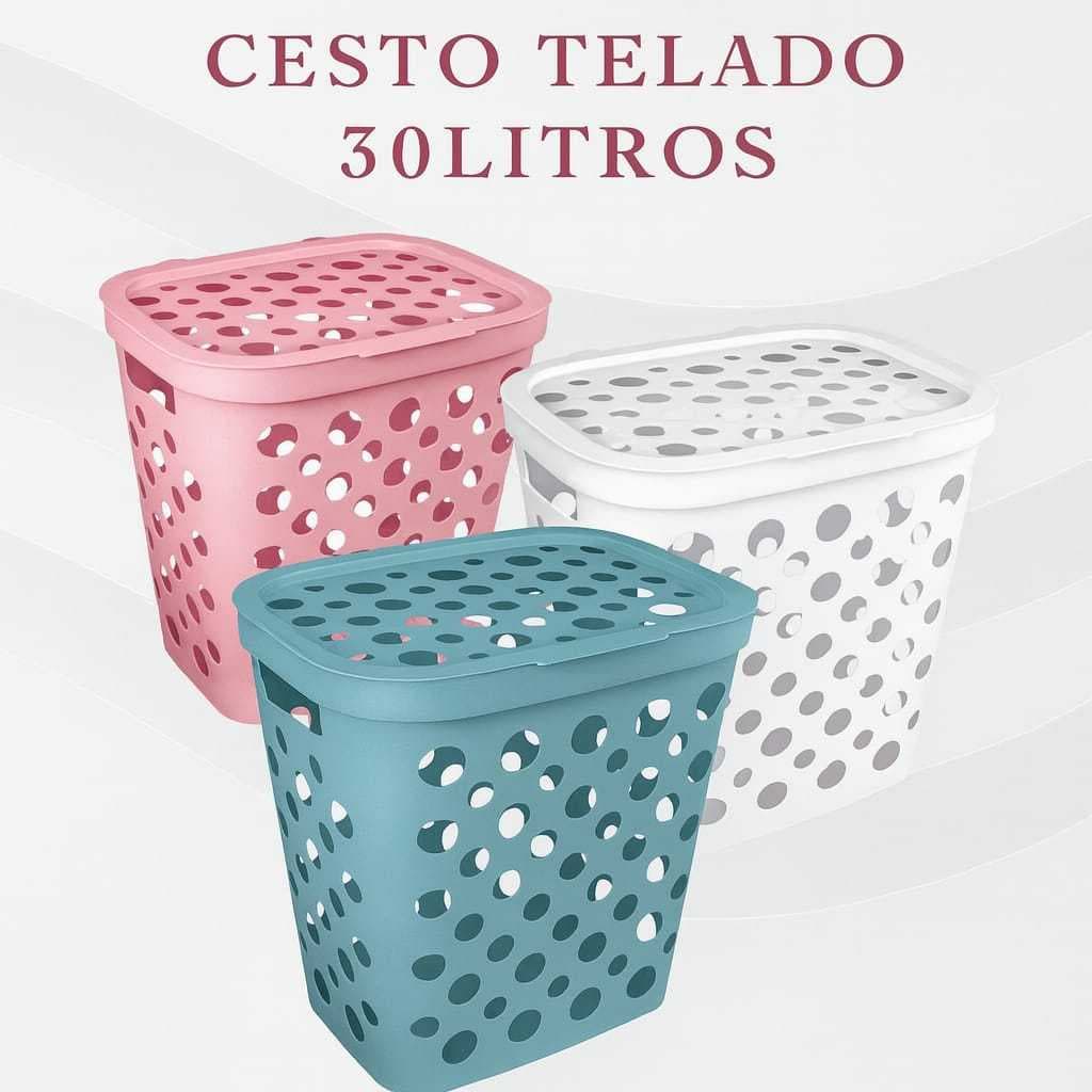 Cesto Para Roupas Sujas Banheiro Lavanderia  Telado  30 Lts Com Tampa Alça Diversas Cores Furos Para Ventilação Limpeza