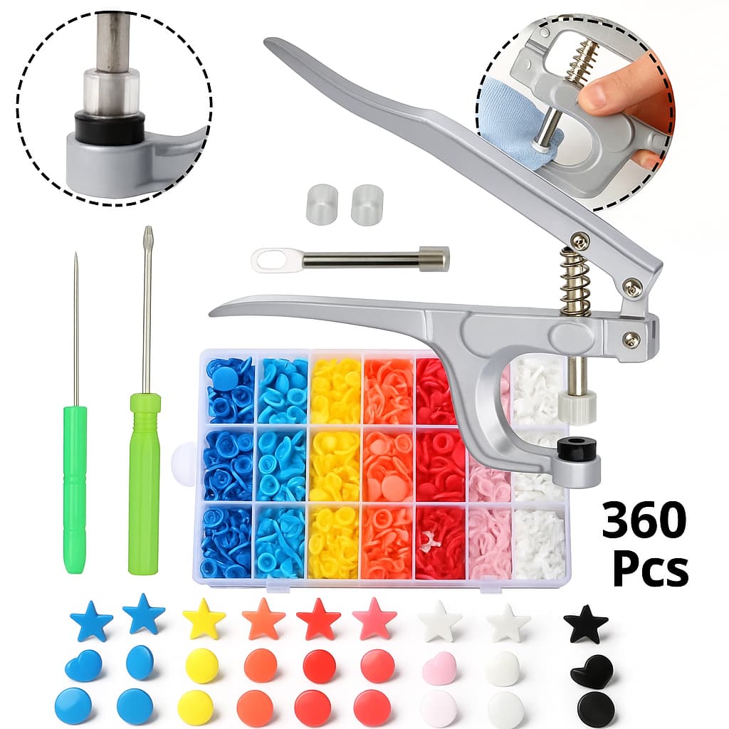 Kit Alicate Aplicador Botão de Pressão + 360 Botões Coloridos Coração Estrela E Círculo