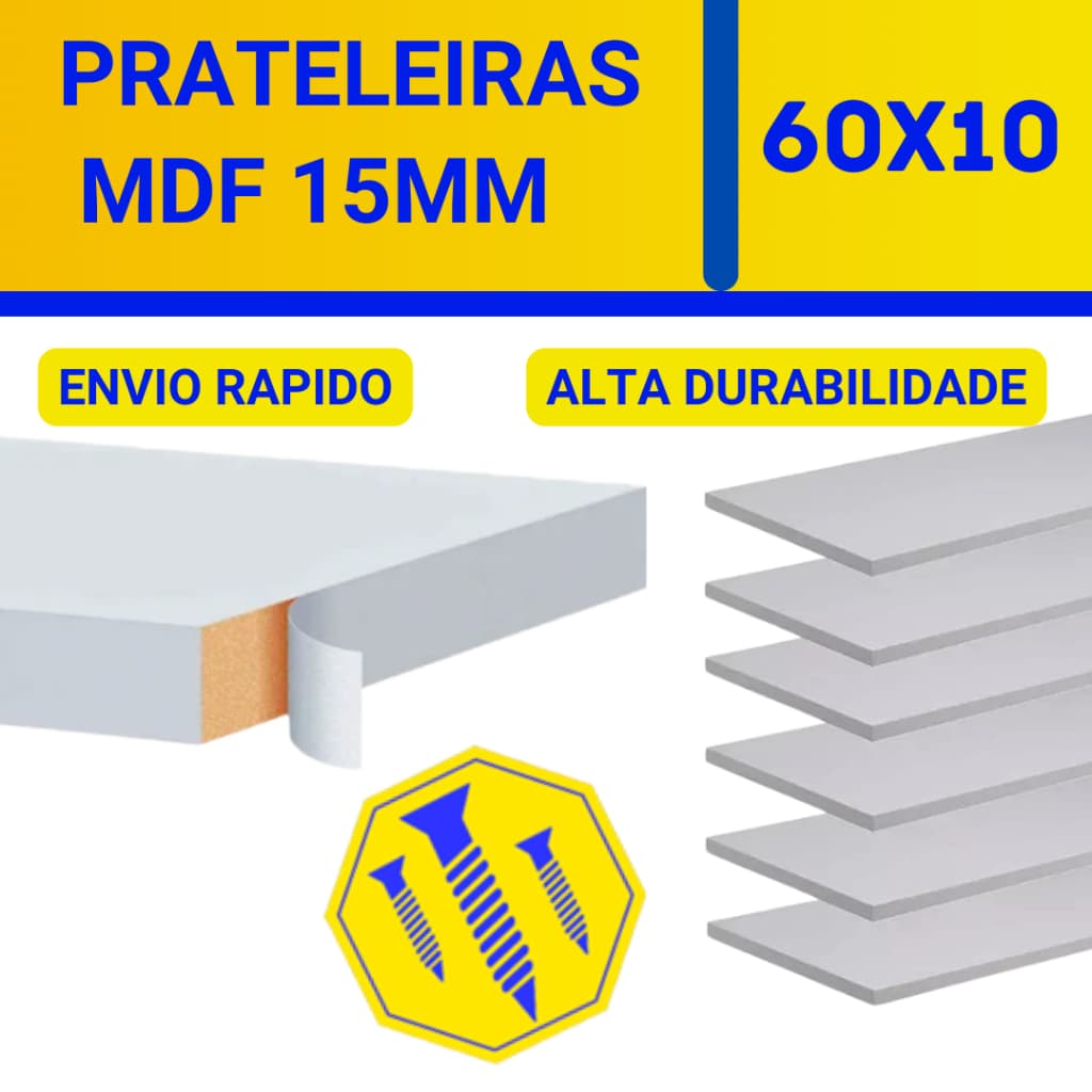 Prateleira Lisa Mdf 15mm Branco 60x10 Cm C/Suporte Invisível Decorativa Organização Prateleira suspensa