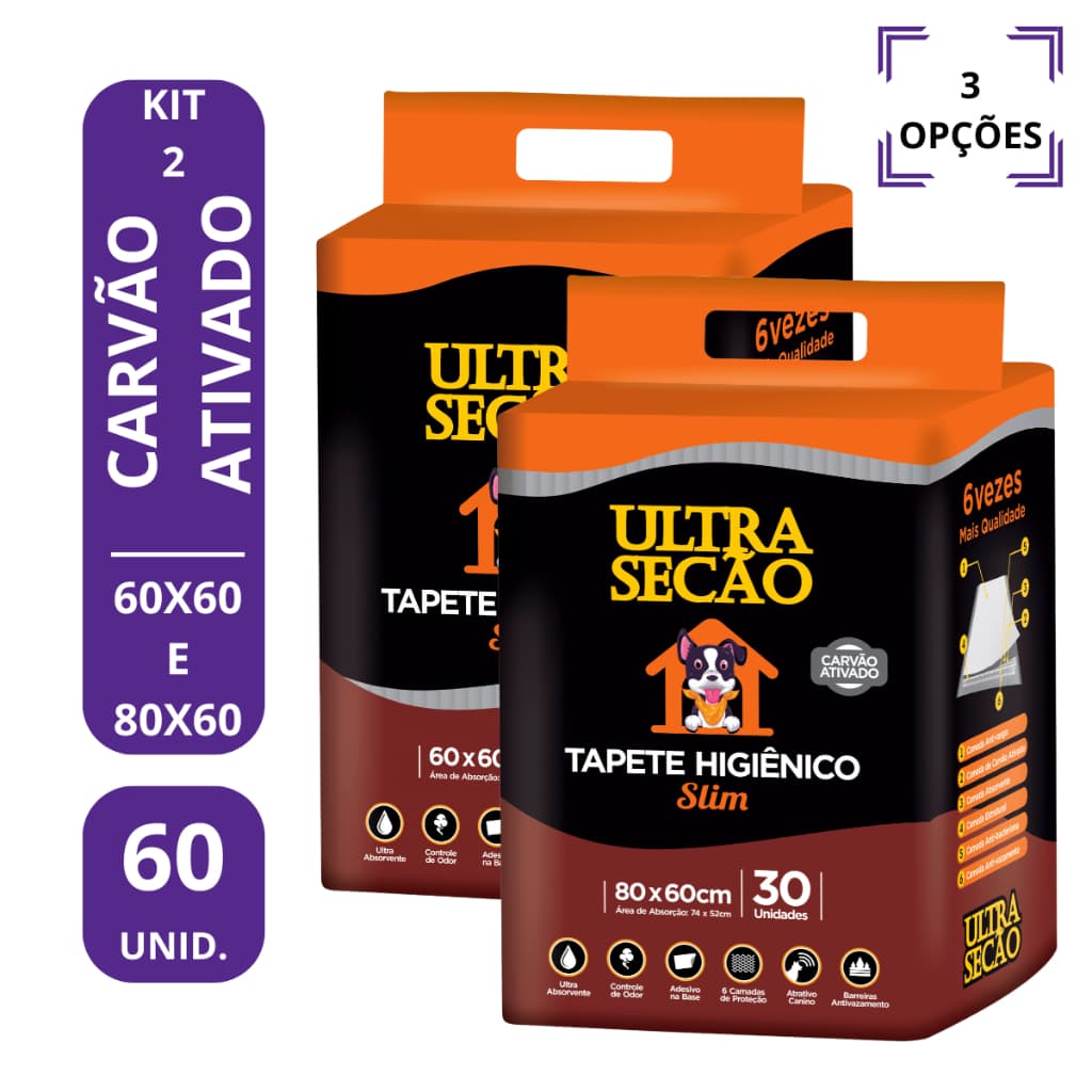 Kit 2 Tapetes Higiênicos para Cães e Gatos Ultra Secão Carvão ativado 60x60cm ou 80x60  60 Unidades