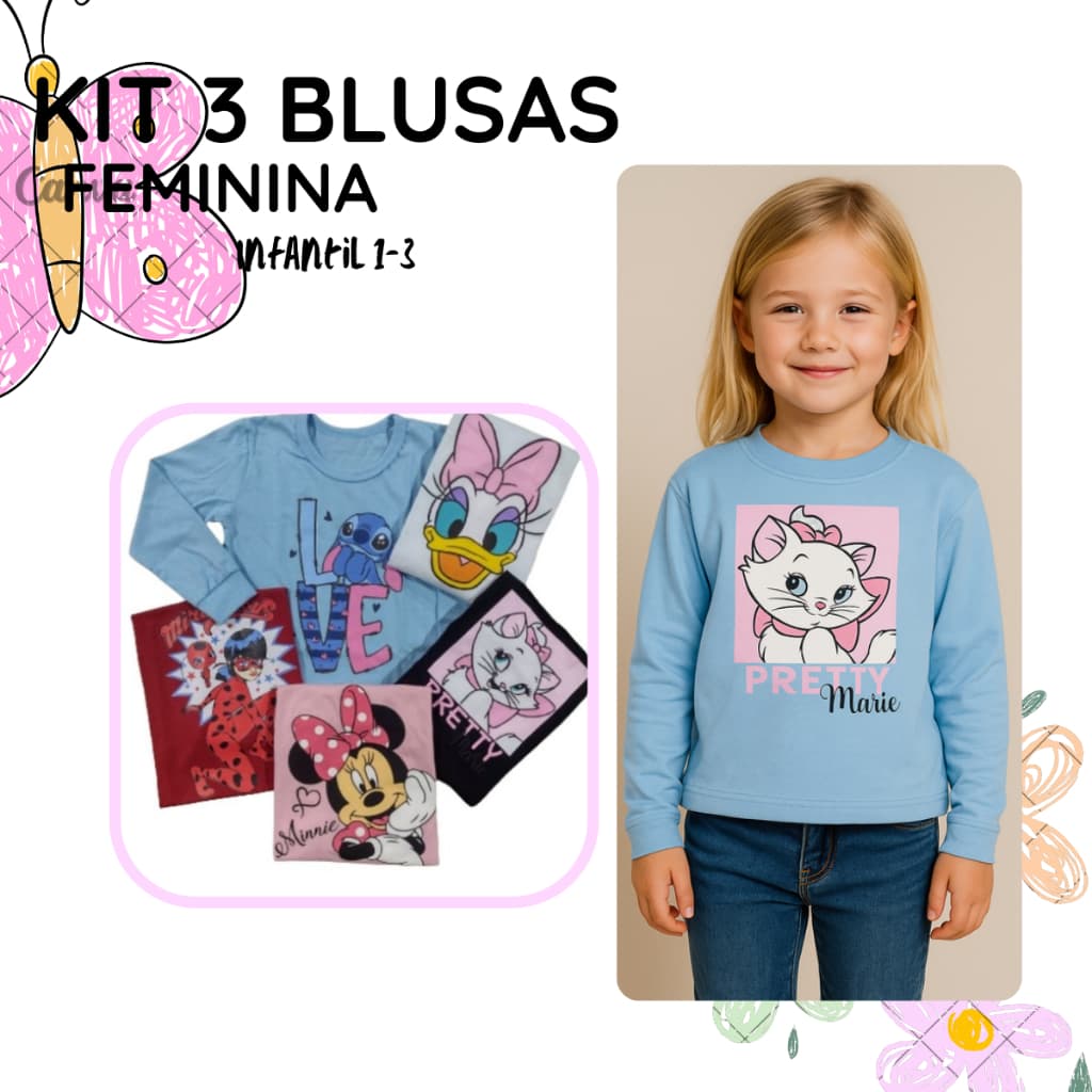 Kit 3 blusa manga LONGA  FEMININA infantil sortida confortável quentinha confortável inverno