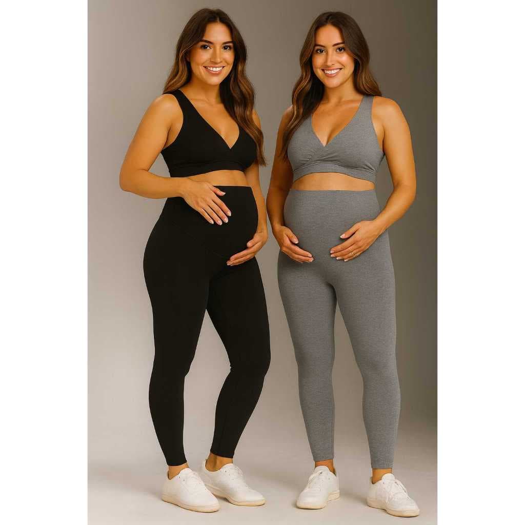 Kit 2 legging gestante preto + cinza mescla alto conforto sustentação barriga roupa maternidade calça para grávida