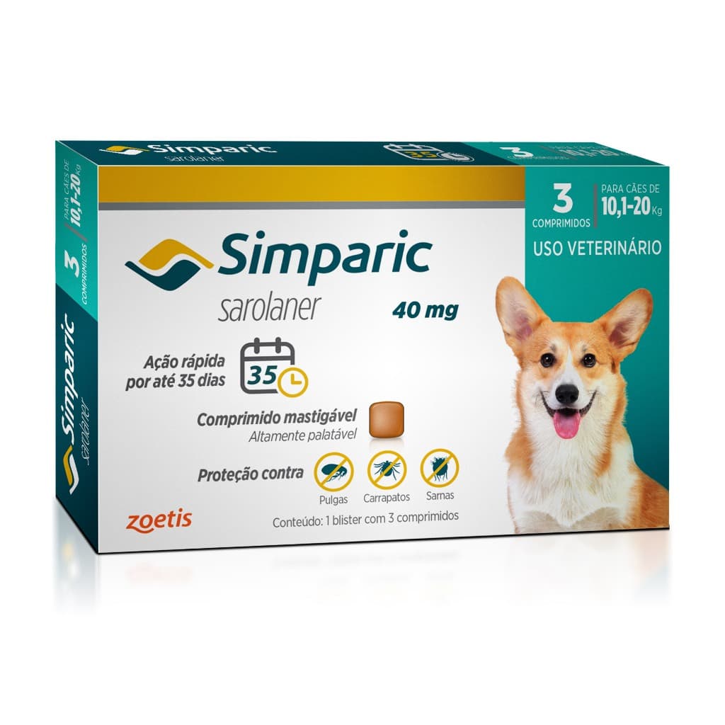 Simparic Antipulgas e Carrapatos para Cães de 10,1 a 20kg 3 Comprimidos 40mg Zoetis