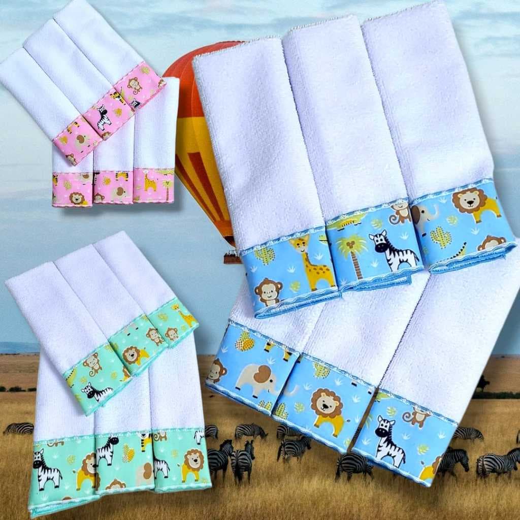 Kit Toalha Ombro ou Boca Babete 06 Unidades Overlocado e Tecido Com Estampas Variadas Toalhas Coloridas