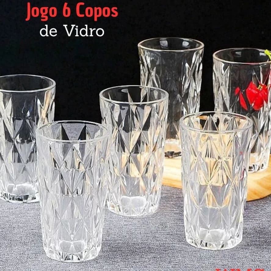 JOGO 6 COPOS DIAMANTE 400 ML VIDRO RESISTENTE DRINK VINHO SUCO NATURAL ALTO RELEVO
