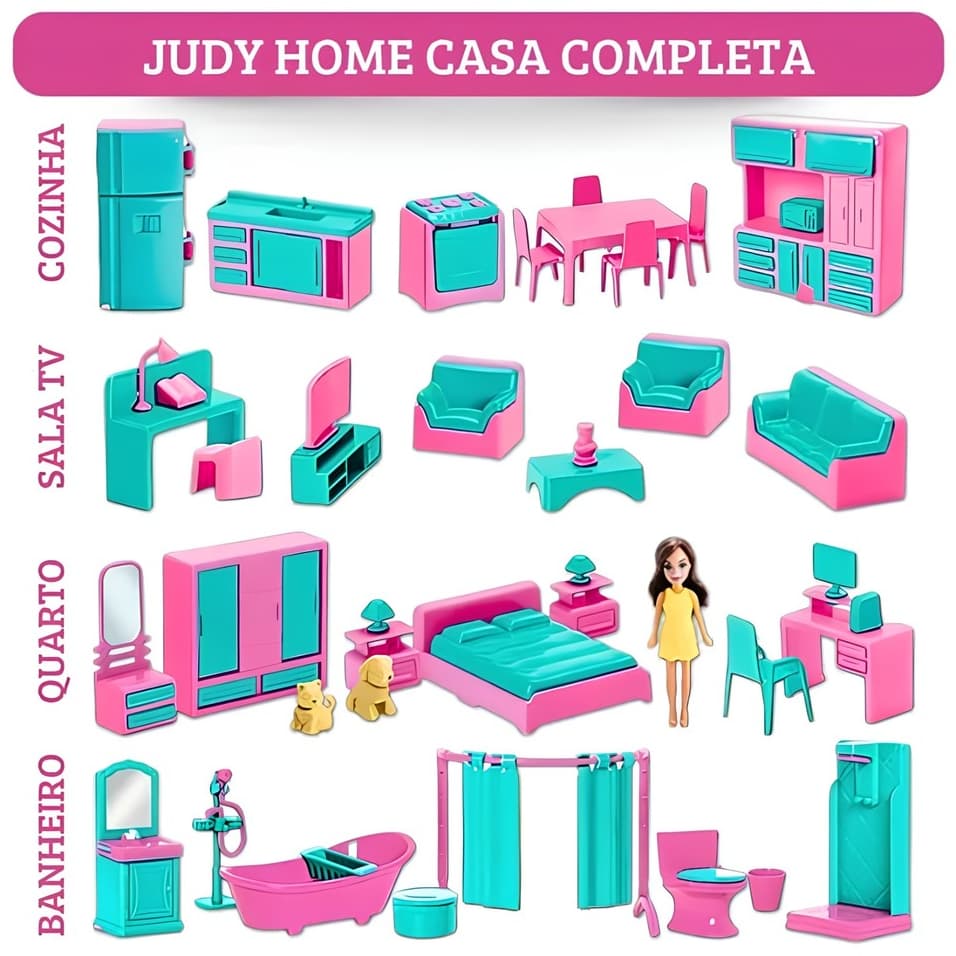 Casa Completa Da Judy Home Kit Quarto Banheiro Sala Cozinha Com Boneca - Samba Toys -
