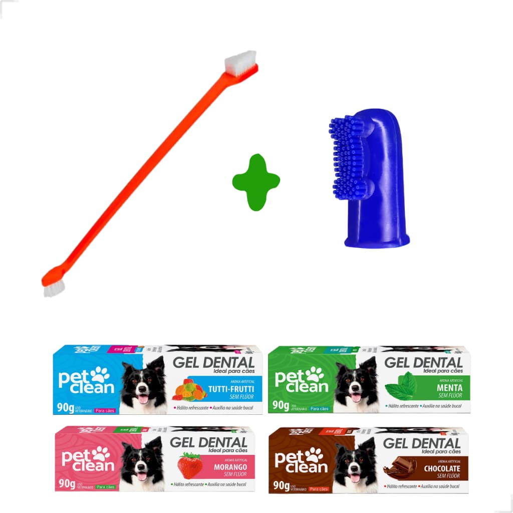 Kit Escova de Dente para Cachorro + Pasta Dente + Dedeira Pet 90g