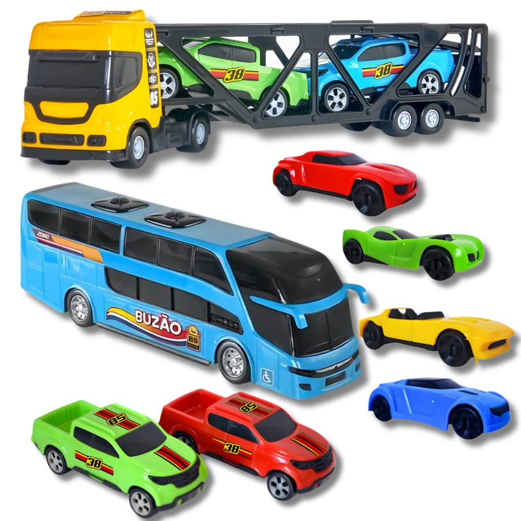 Kit Caminhão 8 Pçs Mini Cegonheiro Busão Completo Ônibus e Cegonha Miniatura Presente Menino Brinquedo
