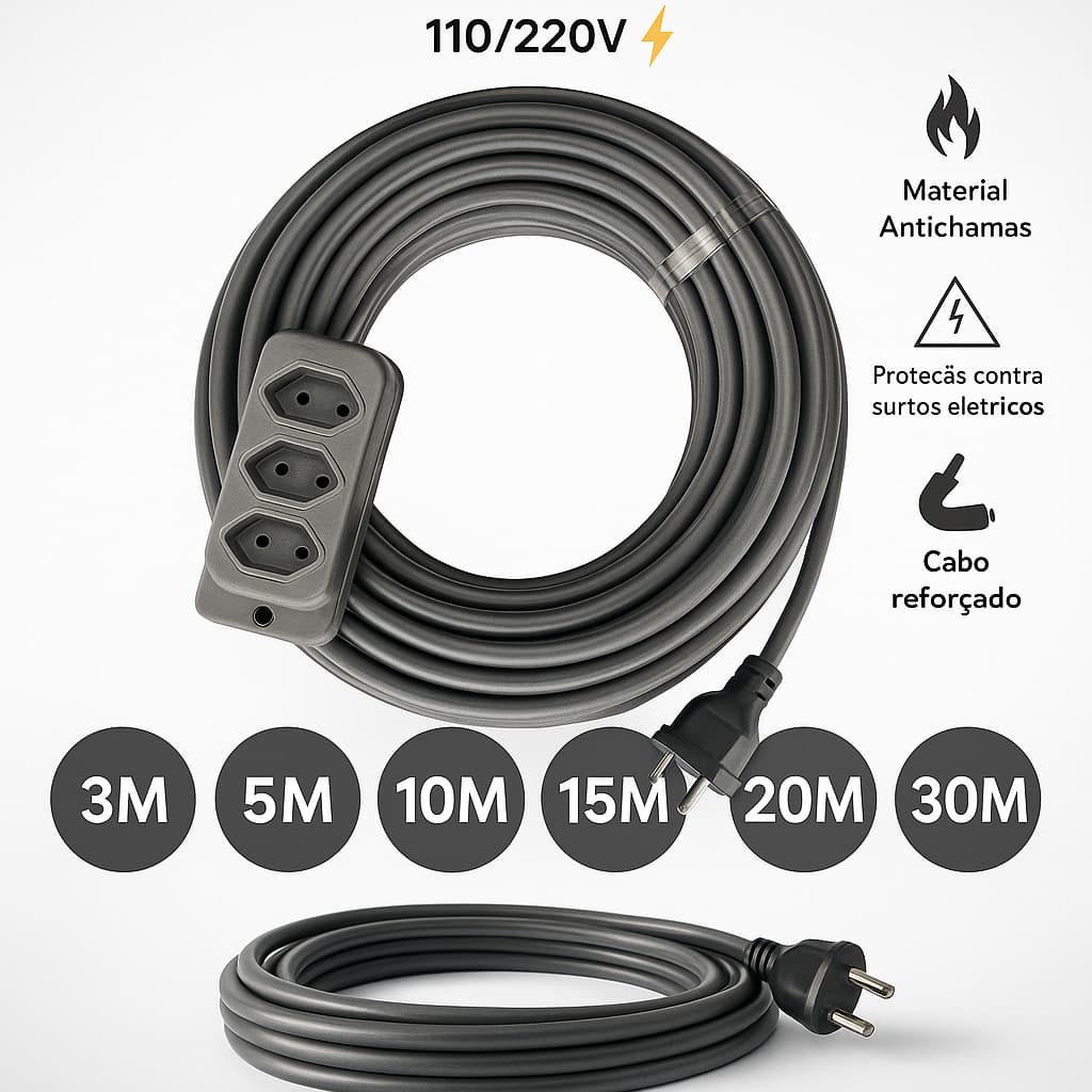 Extensão Reforçada - Cabo Grosso e resistente  3/5/10/20/30 Metros