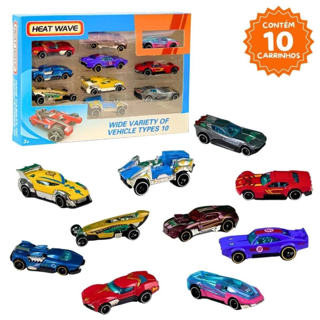 Kit com 10 Carrinhos de Metal Coloridos Miniaturas Colecionáveis Hot Cars Heat Haves Mini Carrinhos