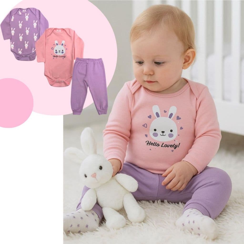 Kit Body Bebê 3 Peças algodão 2 bodies envelope  manga longa + calca roupas para bebê Conjunto de Menina e unissex