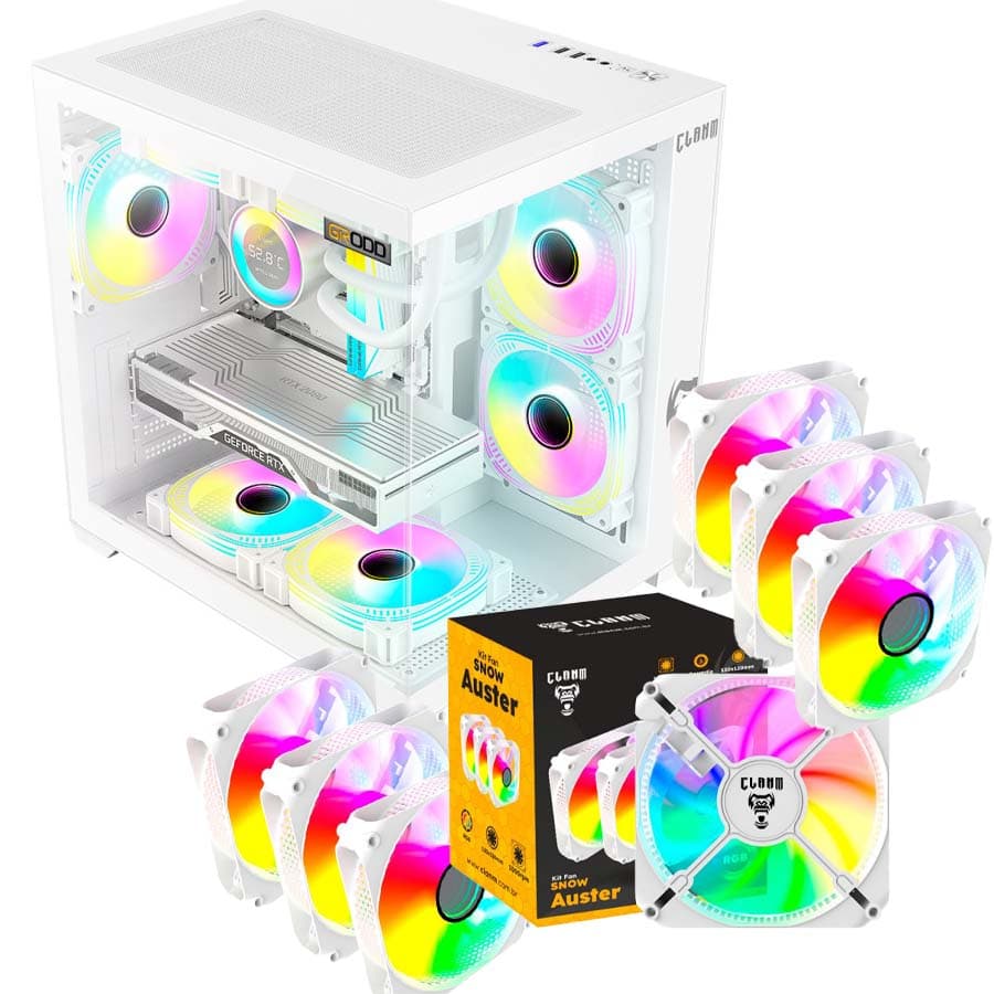 GABINETE GAMER SNOW BRANCO GRODD | LATERAL DE VIDRO - AQUÁRIO - CLANM
