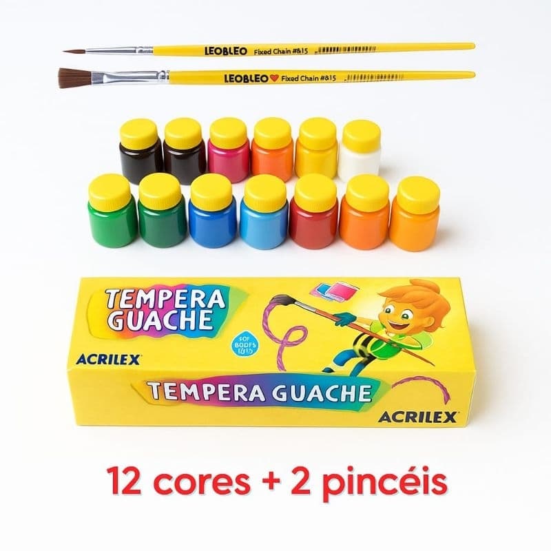 Tinta guache infantil 12 cores acrilex + dois pincéis leo e leo de brinde promoção escolar para colorir