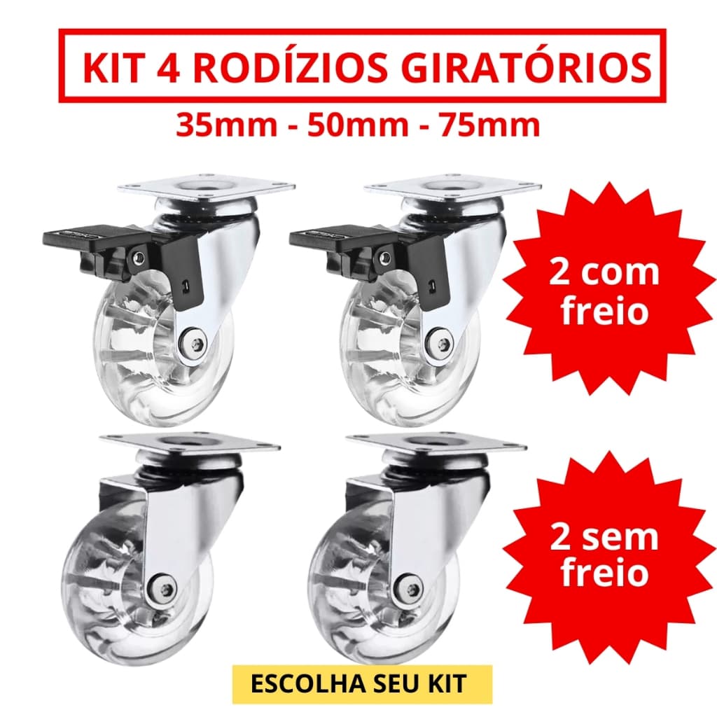Kit 4 Rodizio Giratório Gel Rodinha Silicone 2 Com Trava 2 Sem Trava - 35mm 50mm