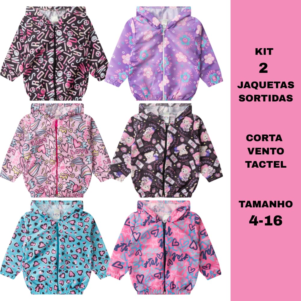 Kit 2 Jaquetas Femininas Corta Vento Sortidas Infantil e Juvenil 4 ao 16