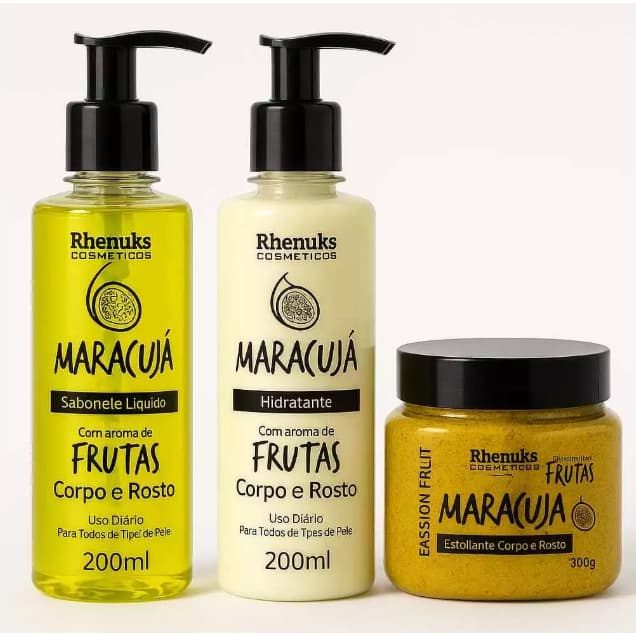 Esfoliante + Sabonete Líquido + Hidratante de Maracujá Rhenuks Corpo e Rosto Skin Care