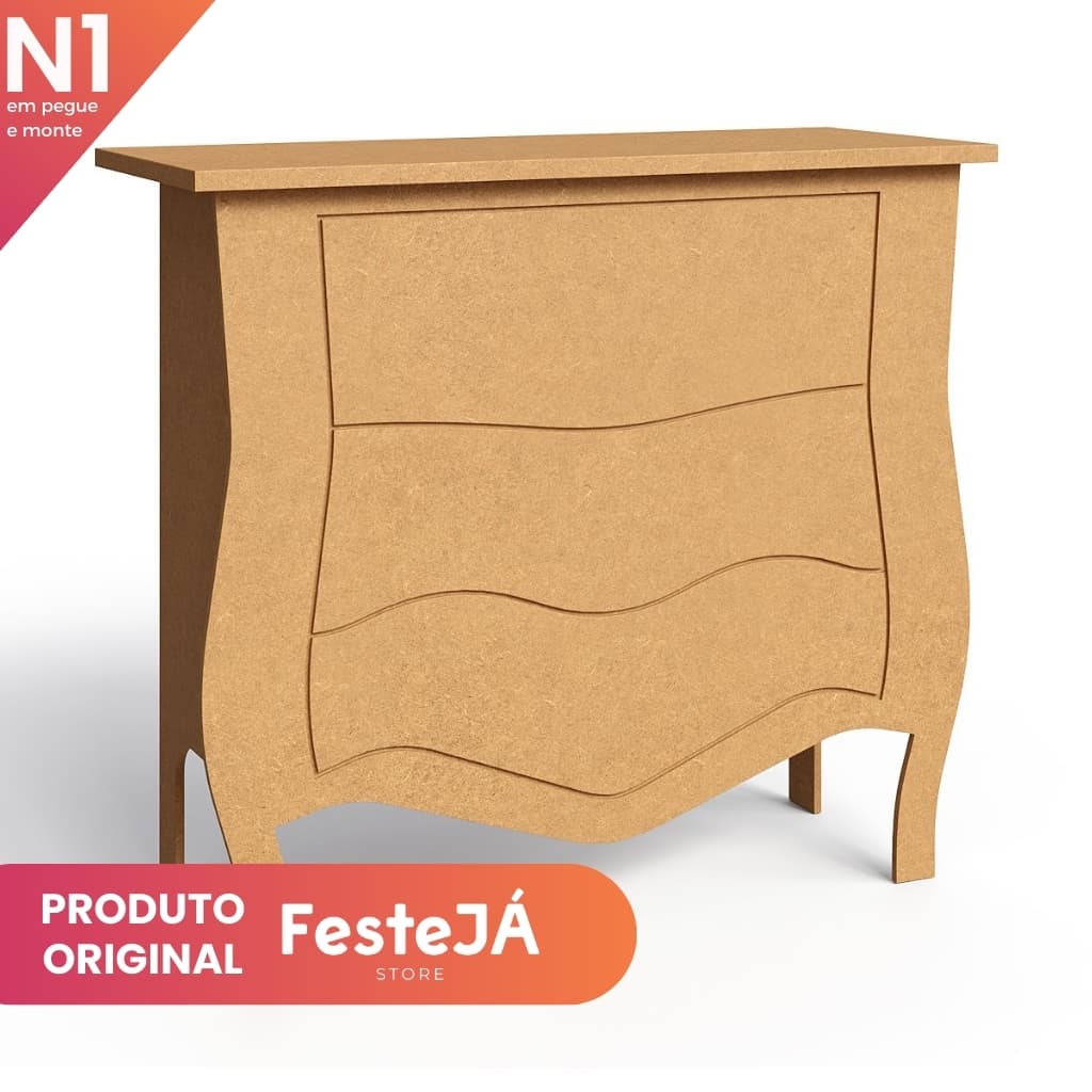 Cômoda Bombe Decorativa Fake 3 Gavetas Grande Mdf Cru