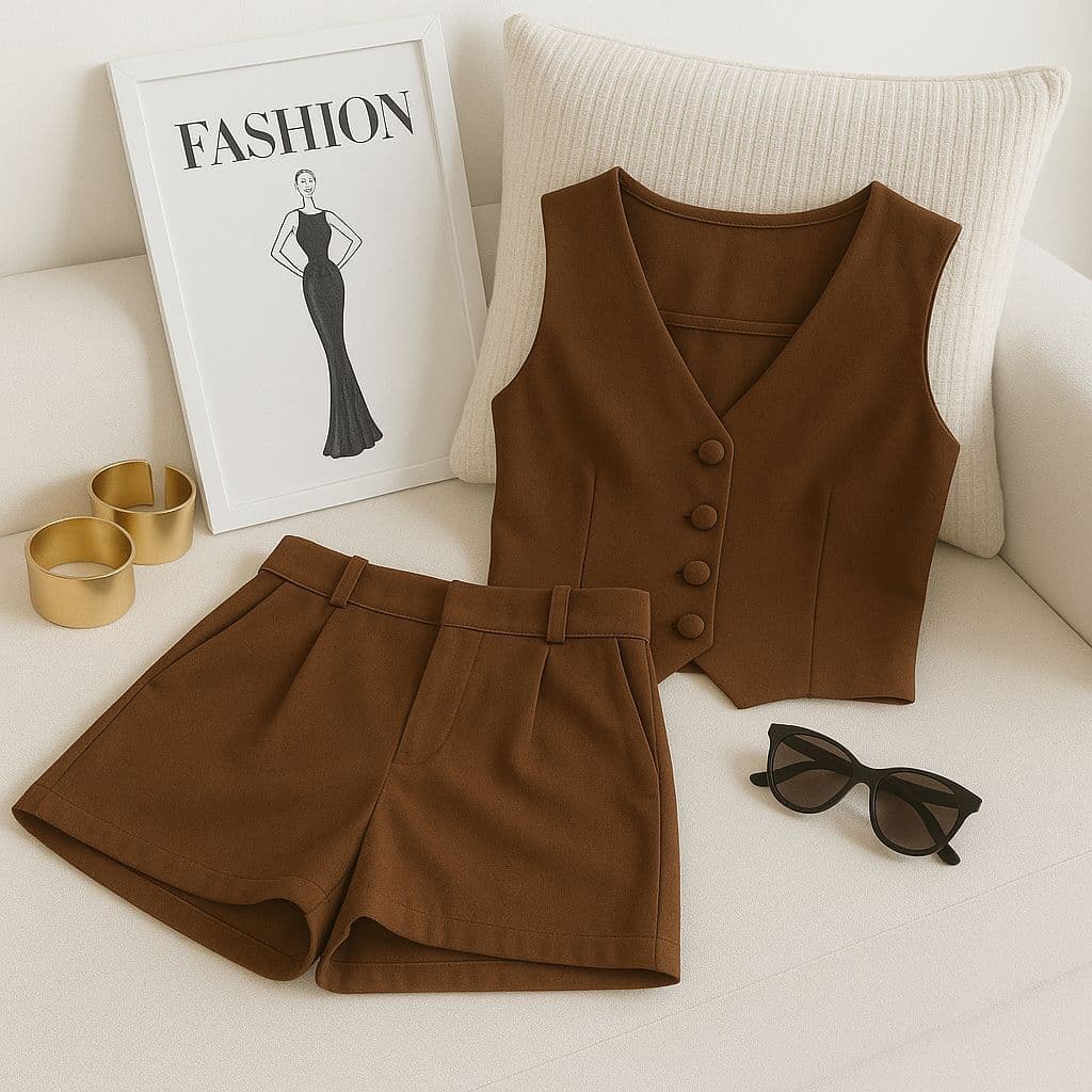 Conjunto Feminino Alfaiataria Social - Colete e Short Elegante Moda Chic