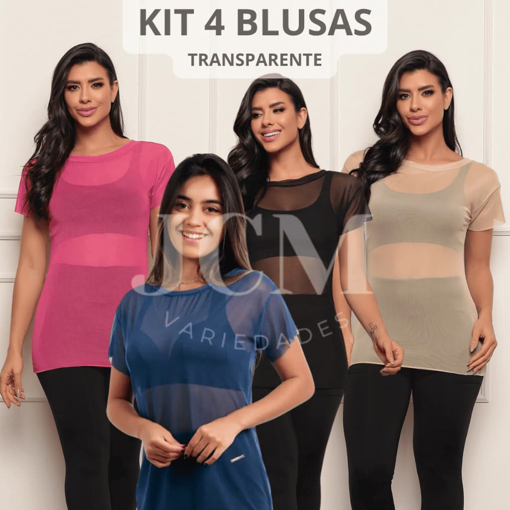 Kit 4 Blusa Feminina Transparente de Tule Manga Curta Camiseta Academia Treino