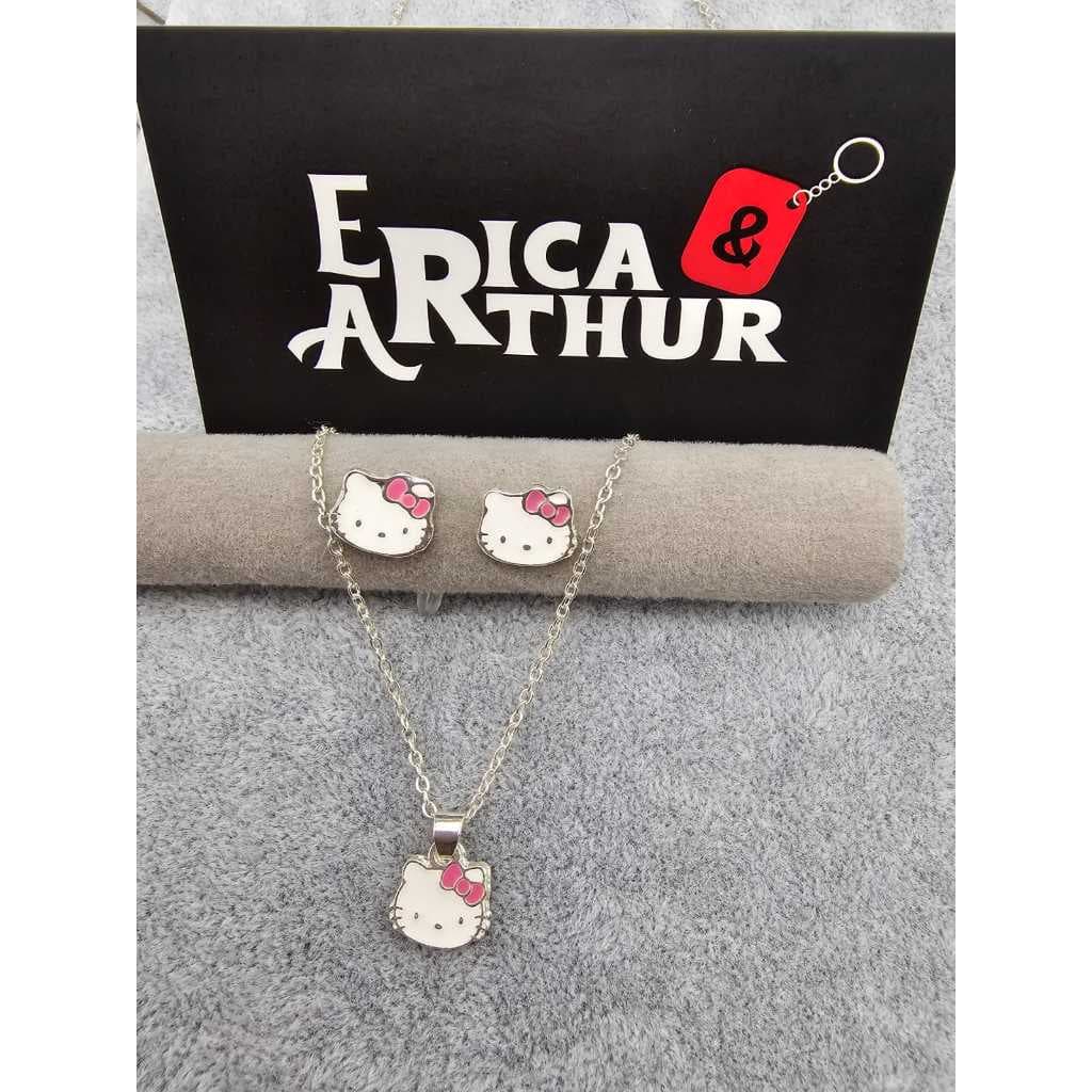 Conjunto km Colar E Brincos Hello kitty folheado a Prata 925/ Aço inox Cute Kawai Fofo