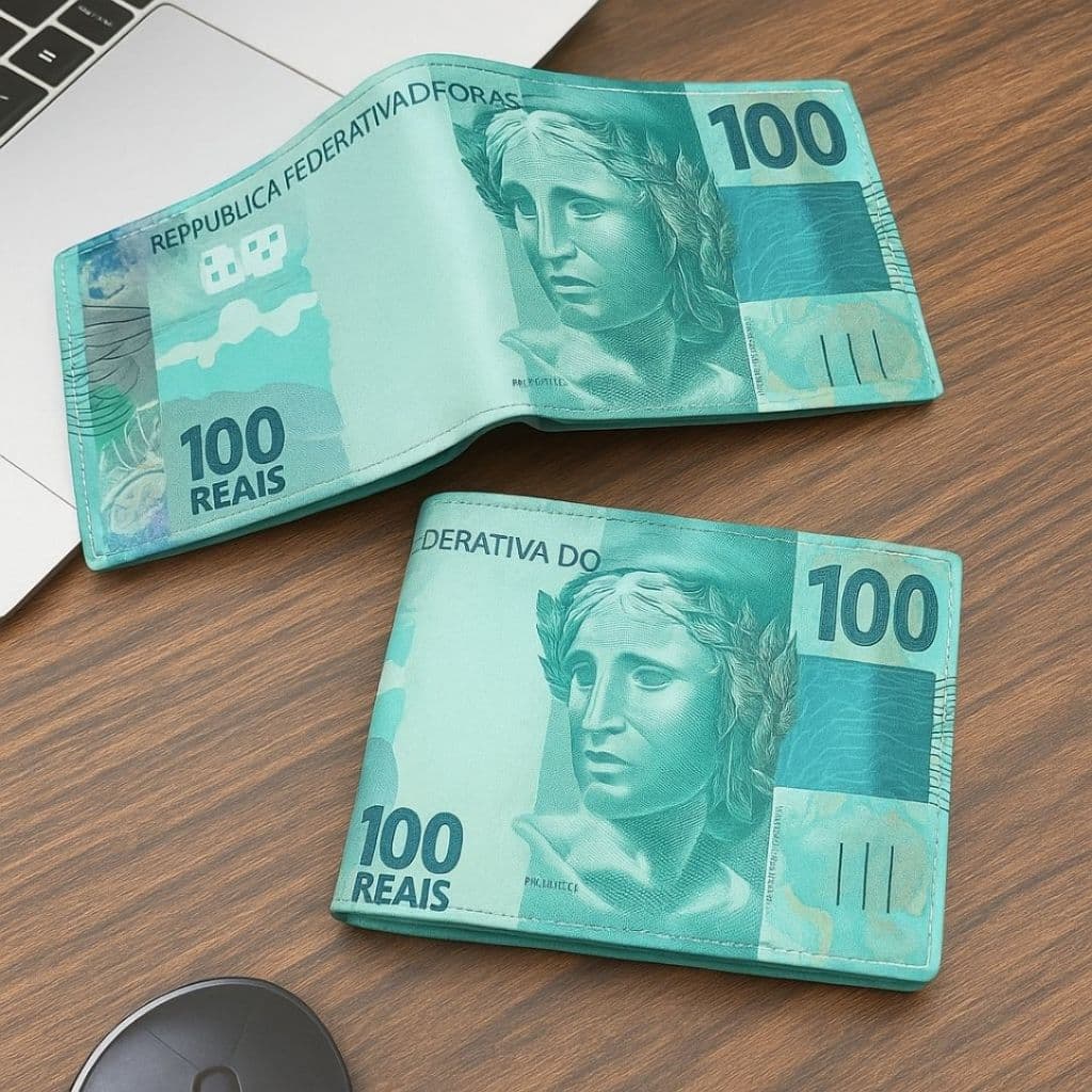 Carteira Masculina Estampada Notas Estrangeiras – Dólar, Euro e Real Compacta e Elegante