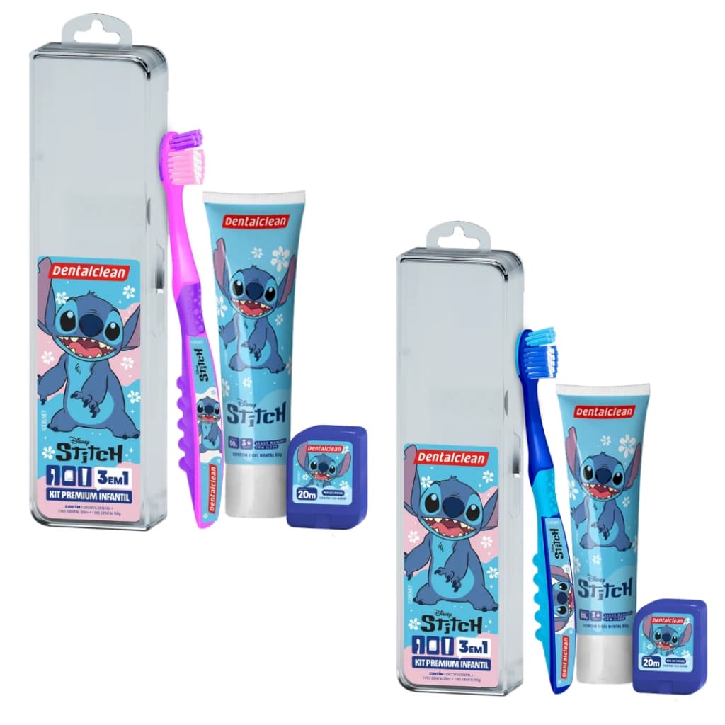 2 Kits infantil Stitch 3 em 1 Escova de dente + Gel dental + Fio dental