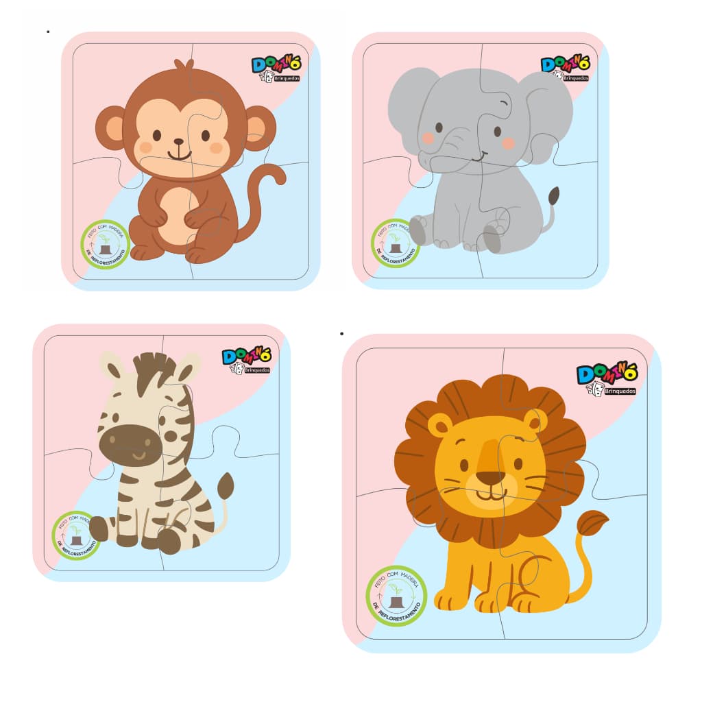Kit 4 Jogos Quebra Cabeça Animais Infantil em madeira Mdf 4 peças cada (4 unidades) 2 anos