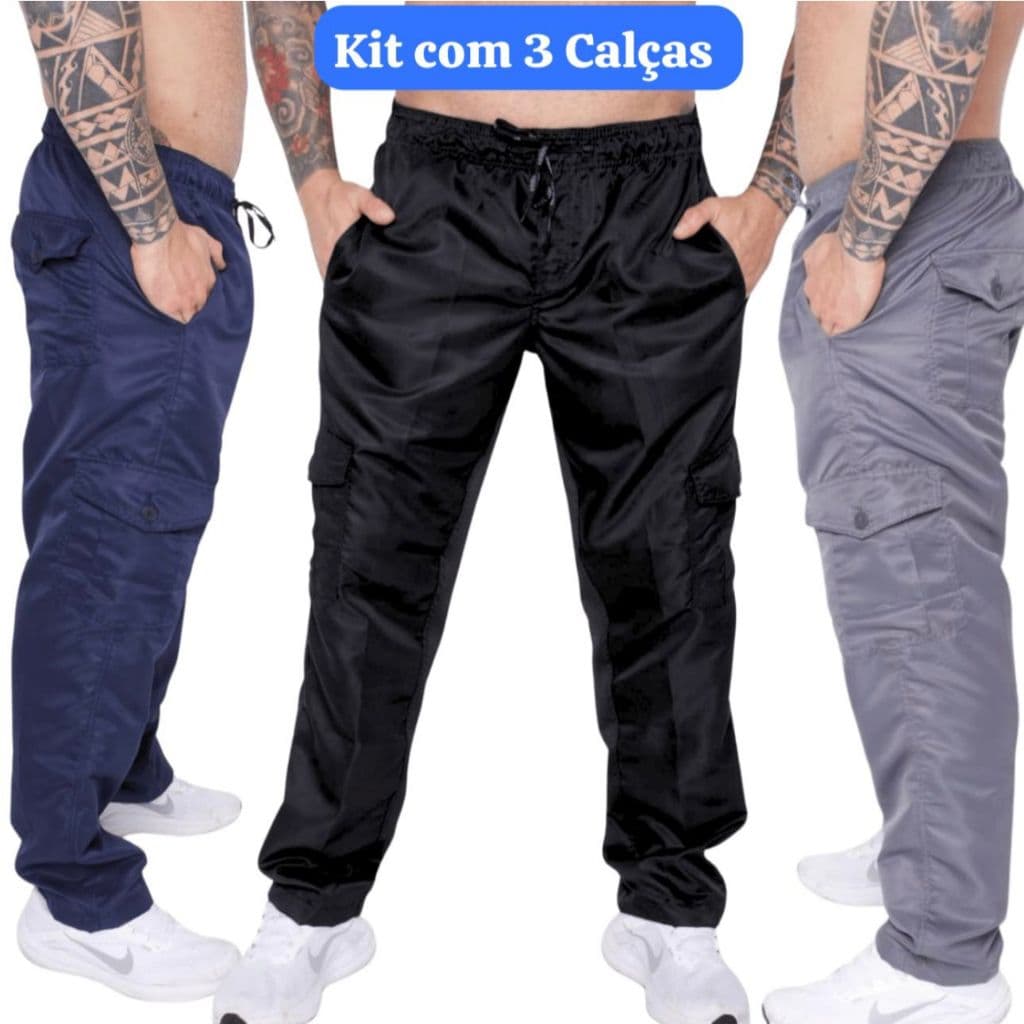 Kit 3 Calça Cargo Tactel Masculina 6 Bolsos Trabalho Uniforme
