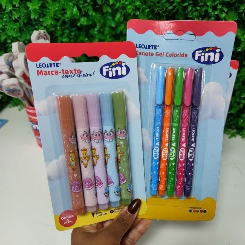 Kit Fini Marca Texto Com Cheirinho + Caneta gel - Marca Texto com 5 Cores Caneta Gel 5 Cores Marca Texto Perfumado Fini
