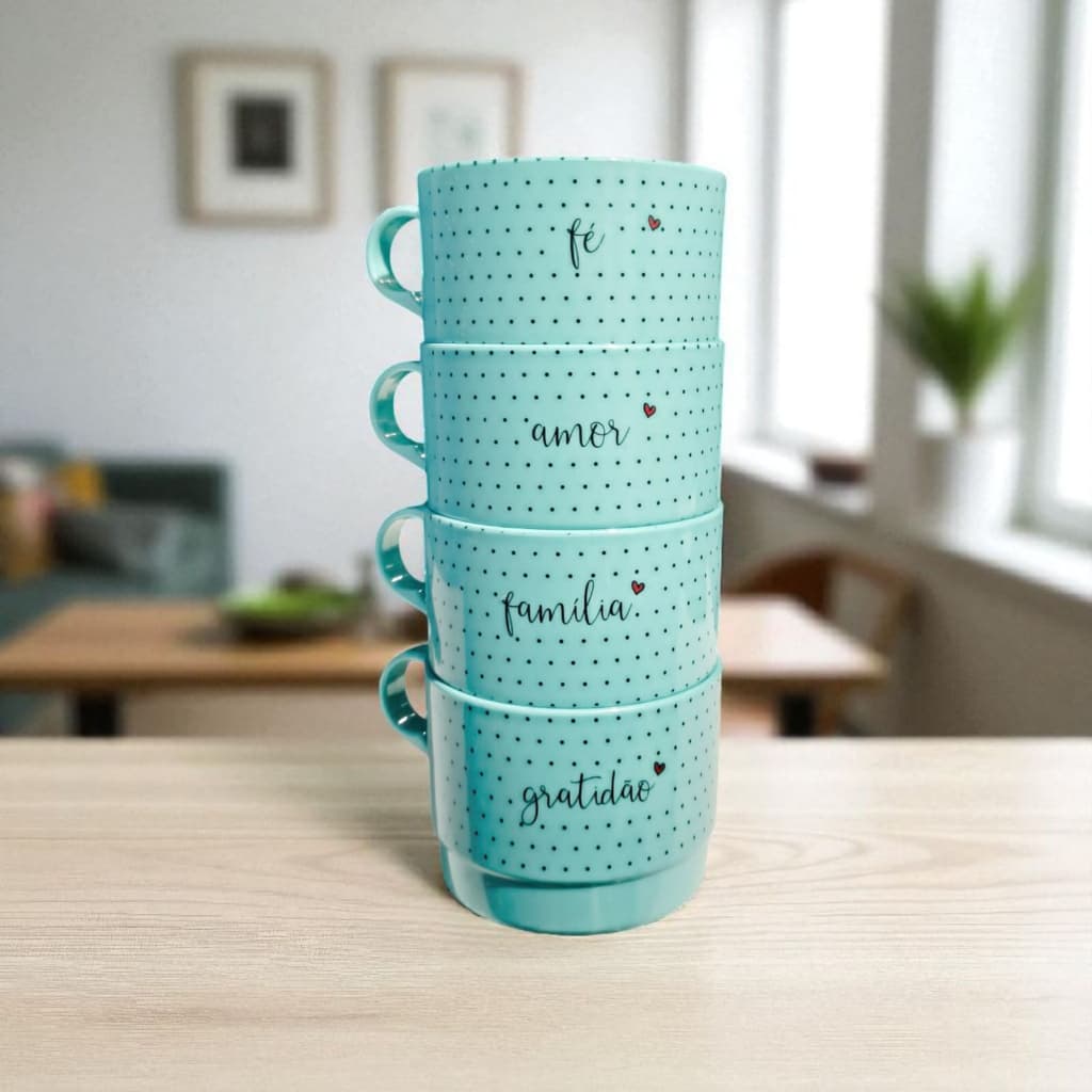 Conjunto com 4 Xícaras de Acrílico 200 ml Empilhavél Frases.