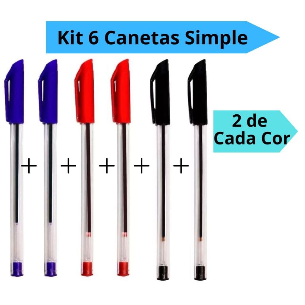 Kit 6 Canetas Simples Duas de cada Cor Vermelha Preto Azul Escritório Leo&Leo