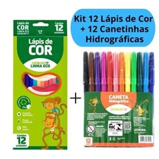 Kit lápis de Cor 12 Cores + Canetinha Hidrográfica 12 Cores Coloridas Leo&Leo