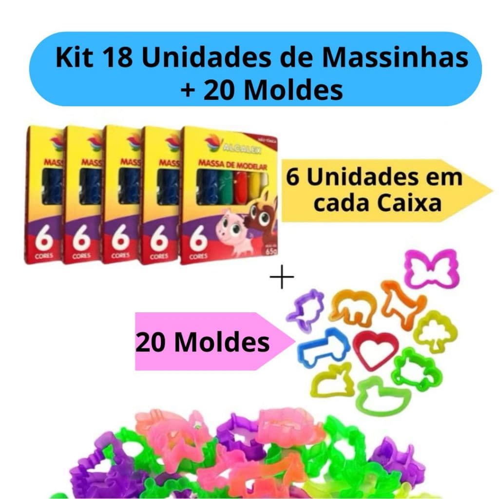 Kit 18 Unidades de Massinha de Modelar + 20 Cortador Forminha Molde Festa Lembrancinha