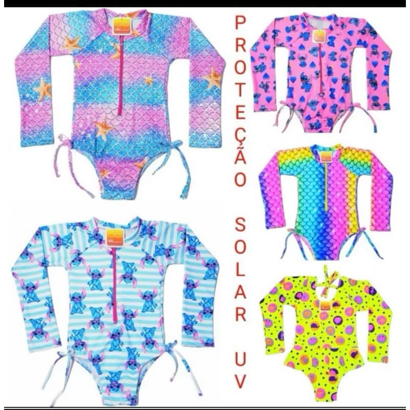 Maiô Manga Longa Infantil Menina Bebê Biquíni Proteção UV 50 Maio Manga Comprida