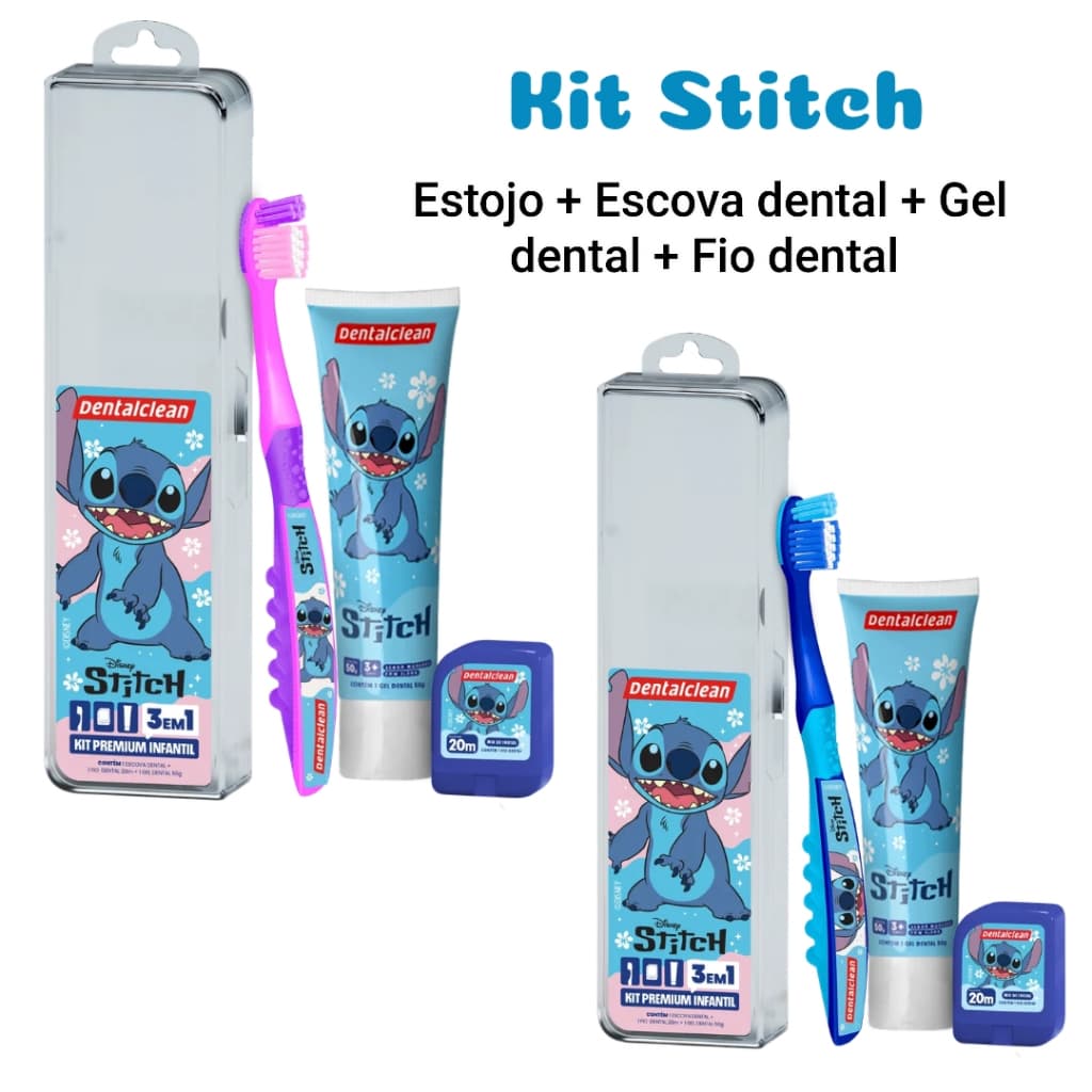 Kit Stitch Infantil Premium 3 em 1 Escova de dente + Gel dental + Fio dental