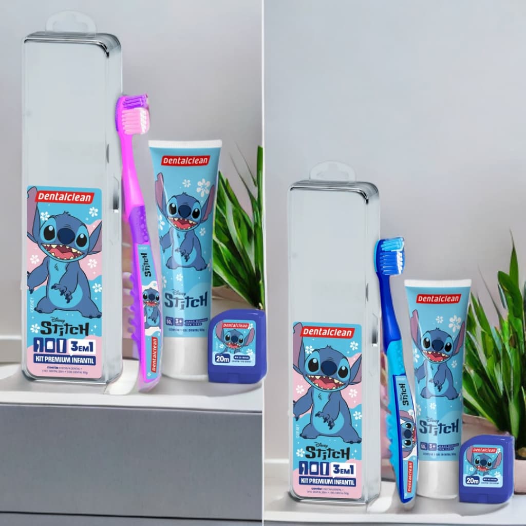 2 Kits Stitch Infantil Premium 3 em 1 Escova de dente + Gel dental + Fio dental