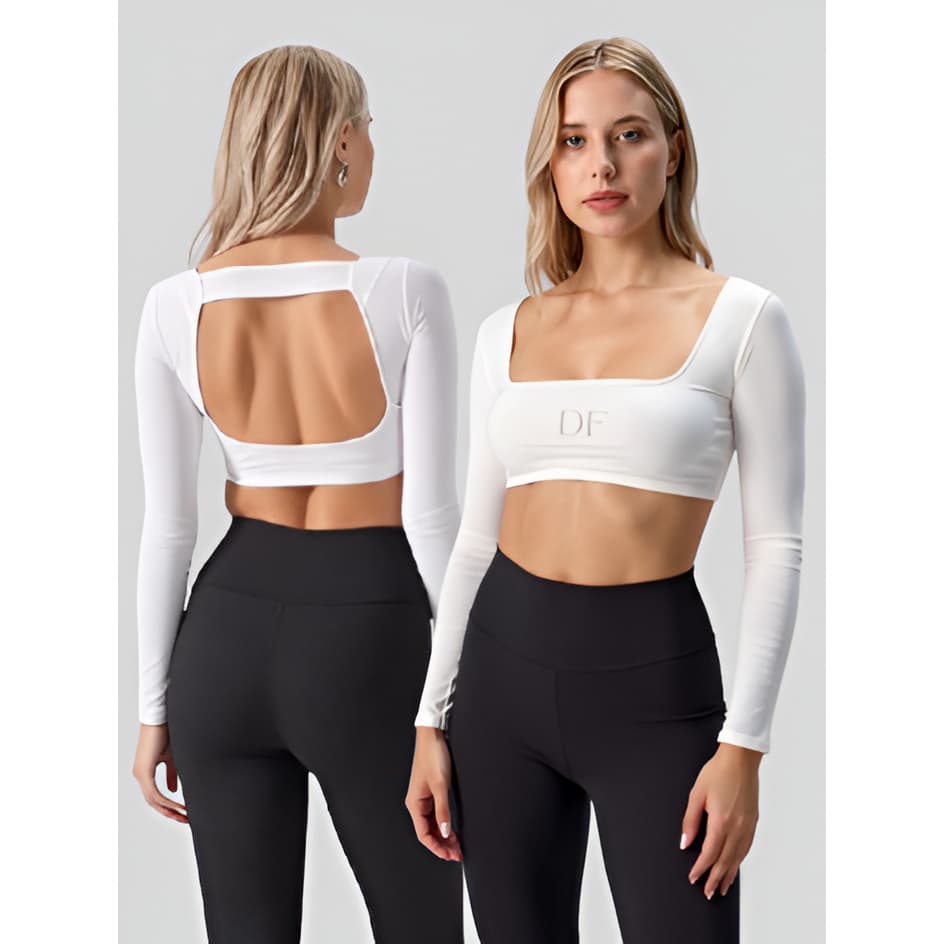 Top Cropped Feminino Fitness Costas Aberta Manga Longa Academia