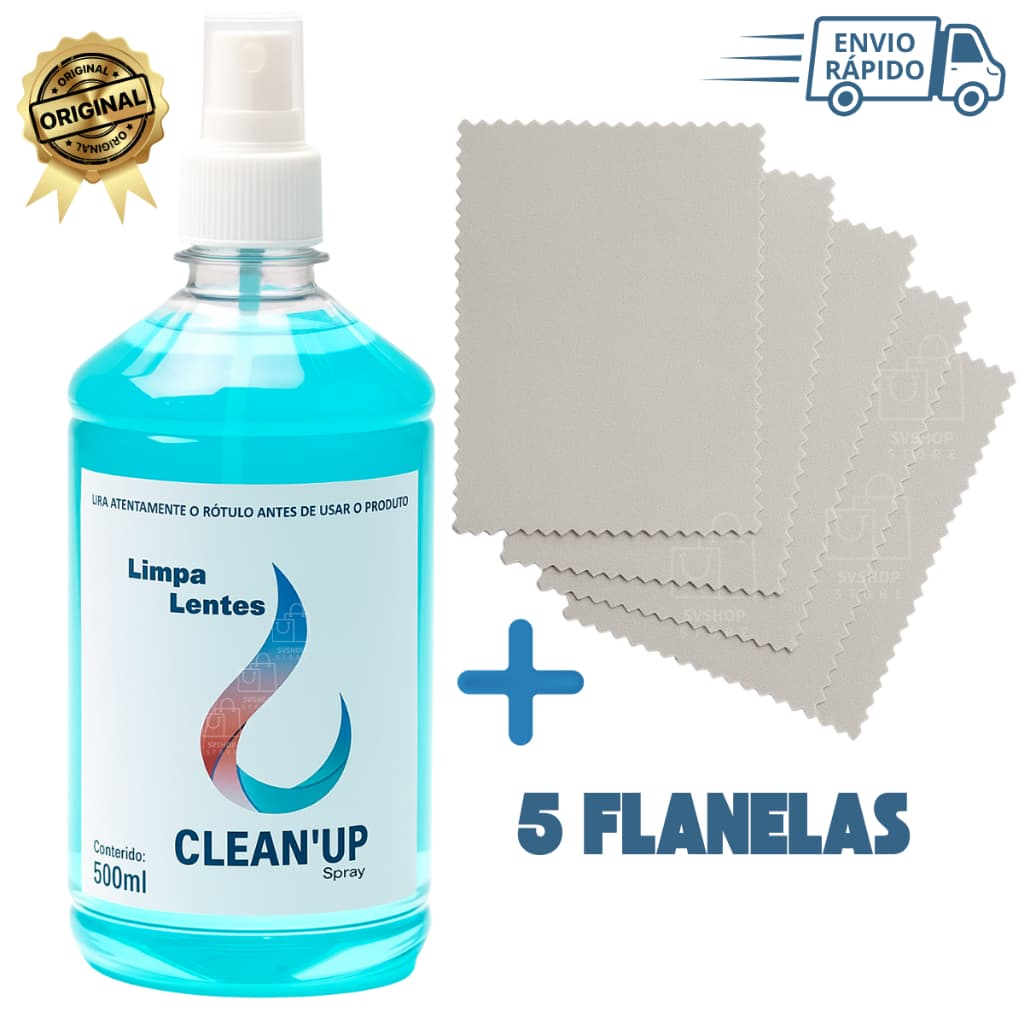 Limpa Lentes 500ml Para Óculos Celular Computador Tablet notebook + 5 Flanelas CleanUp