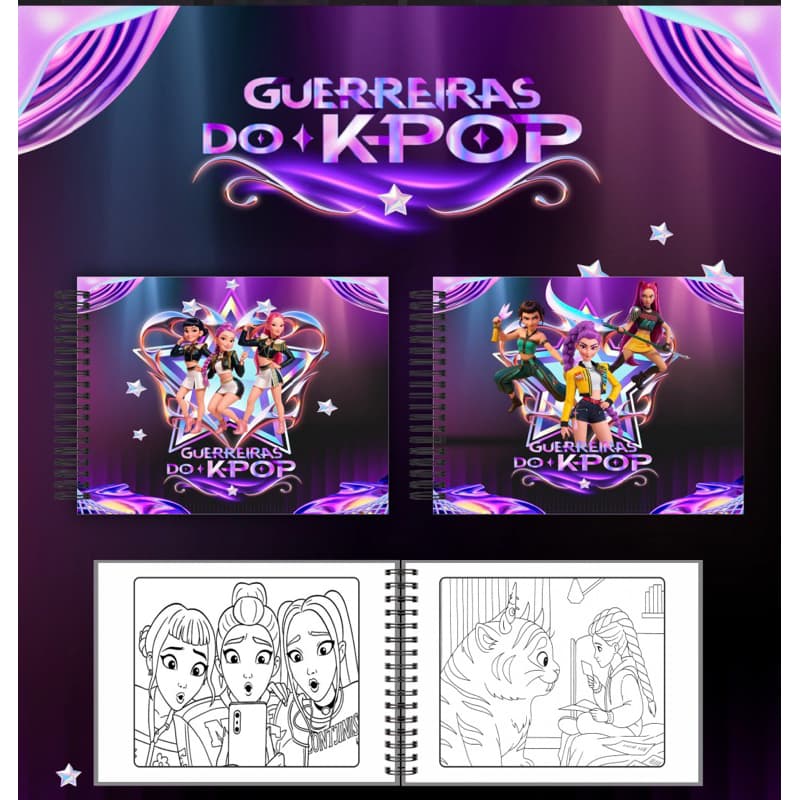livro de colorir capa dura Guerreiras do k-pop + acetato