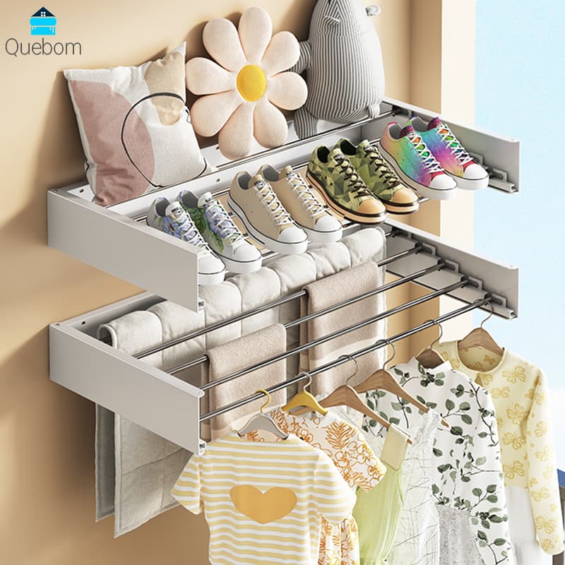 Varal Mágico de Parede Retrátil 80cm/100cm com 5 Varetas – Compacto, Resistente e Fácil de Instalar para Lavanderia