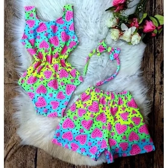 conjunto infantil (3 peças) short suplex +Bory maiô+tiara meses a 6 anos( enviamos estampas sortidas)