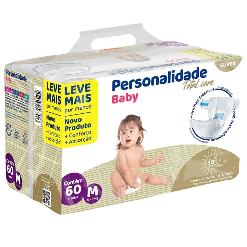 Fralda Descartável Bebe M Infantil Personalidade Baby Total Care Bag 60un