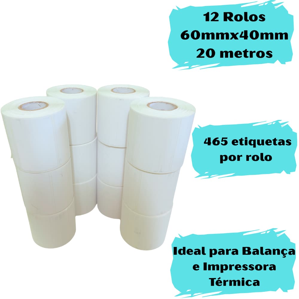 Etiqueta Térmica Adesiva 60x40  12 Rolos p/ Balança e Impressora - 5.580 Etiquetas