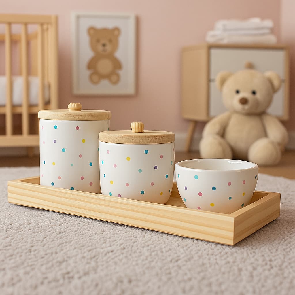 Kit Organizador Higiene Bebê Porcelana Com Bandeja Molhadeira e Porta Cotonete e Algodão