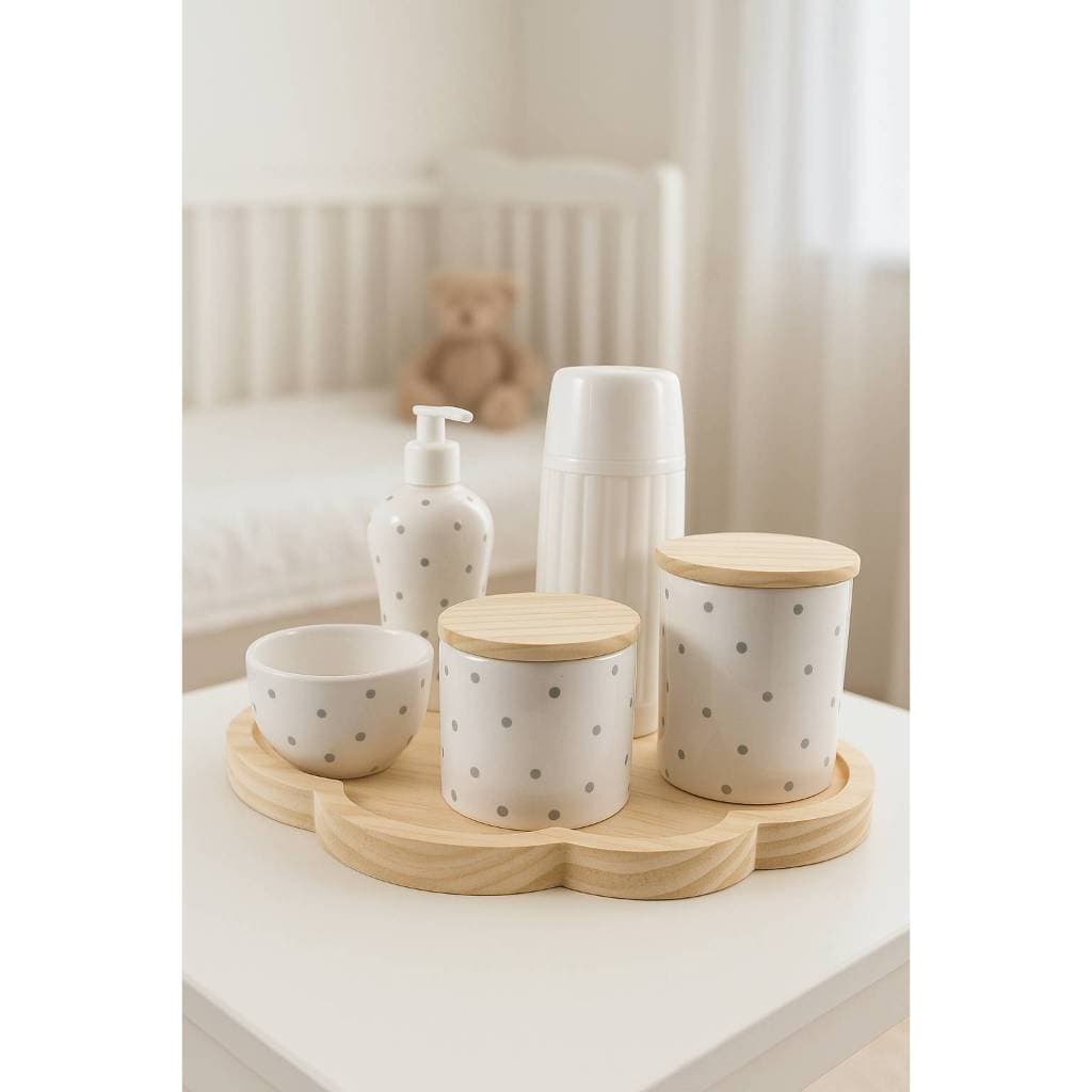 Kit Bebê Higiene Porcelana Bandeja Nuvem Madeira Organizador Decoração Menino Menina Com Garrafa xadrez
