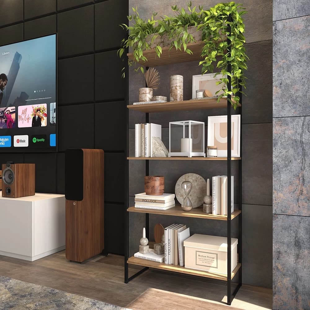 Estante de Ferro e Madeira 5 Prateleiras Estilo Industrial Moderno Lâmina Com Preto Etrange 4.0