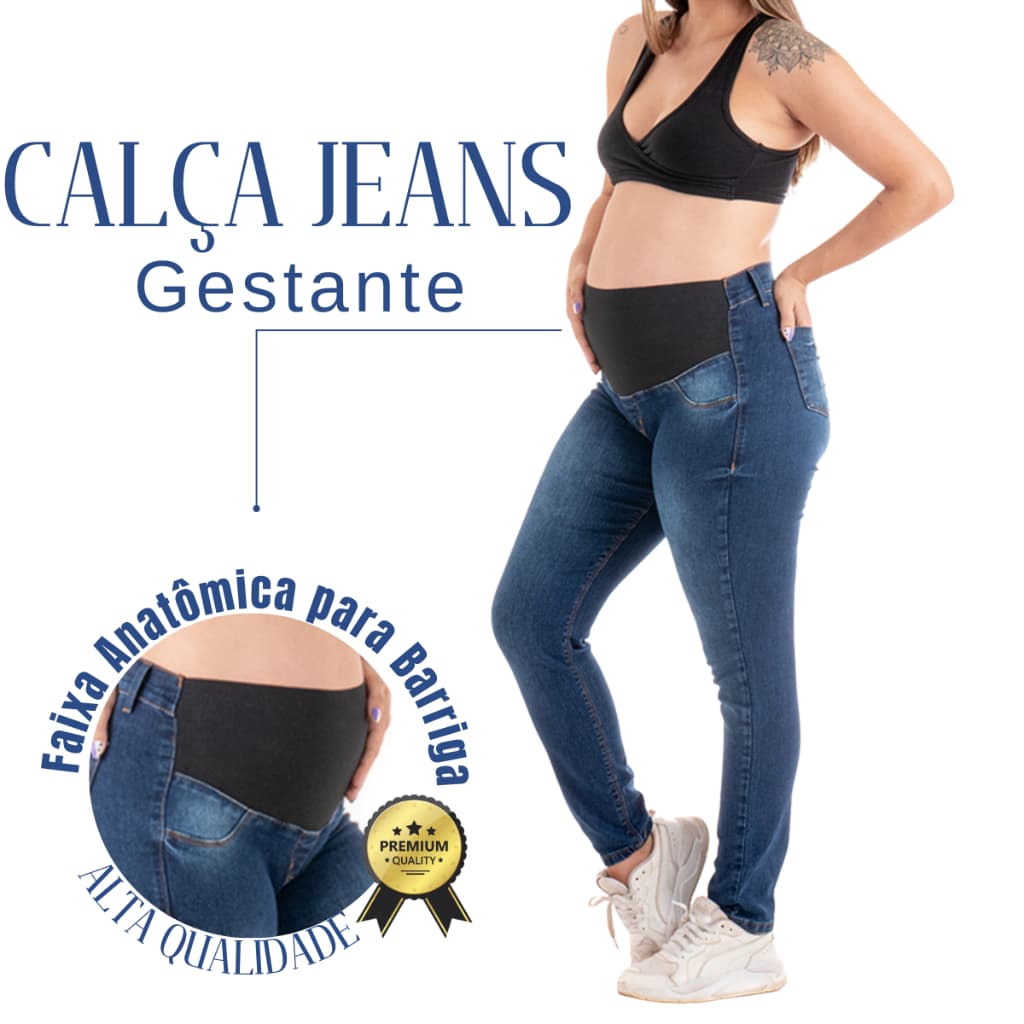 Calça Gravida Jeans Gestante Com Elastico Lycra Confortável Elastano