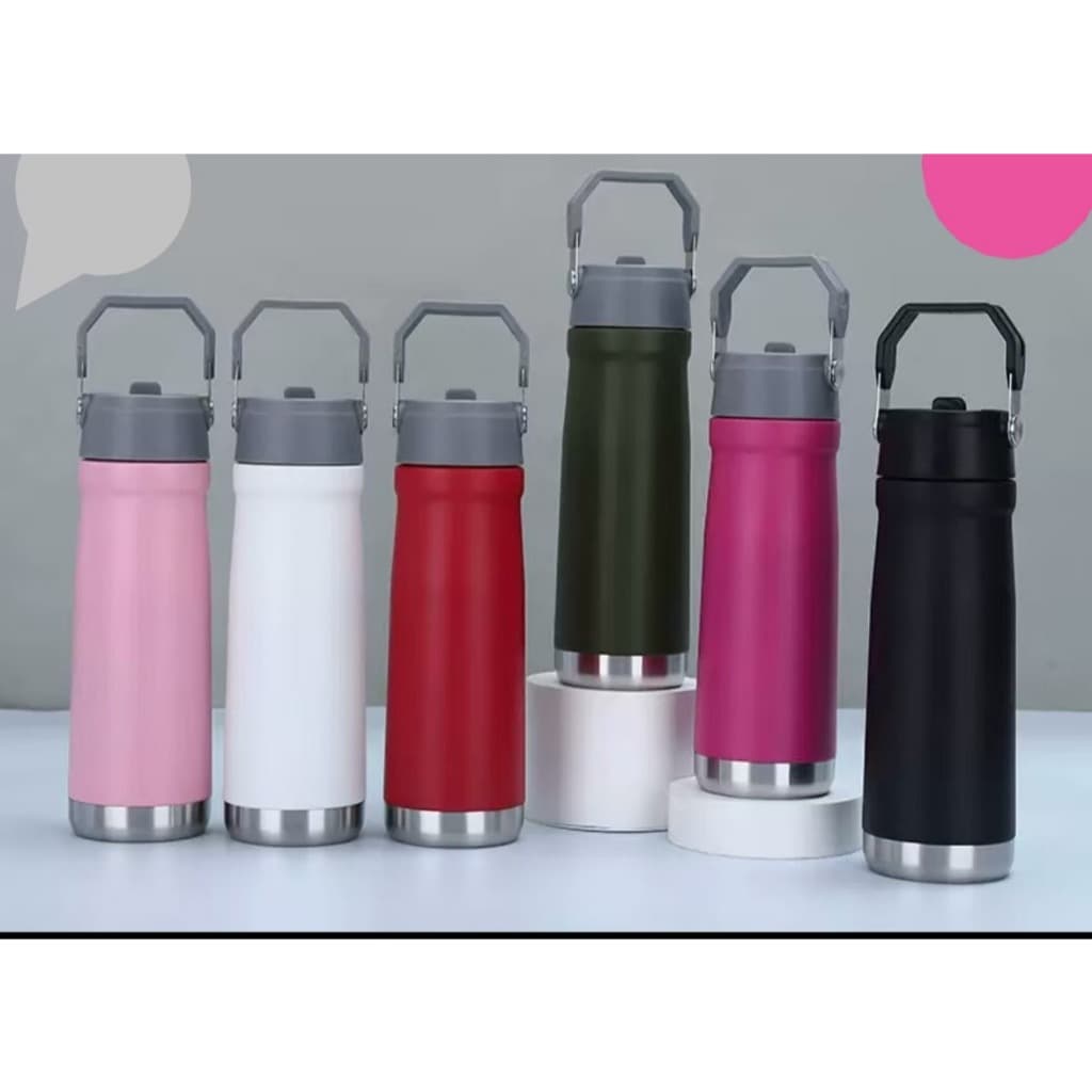 Garrafa Térmica Inox 304 650ml Flip Straw com Canudo, Alça e Tampa Antivazamento Bebida Quente/Fria