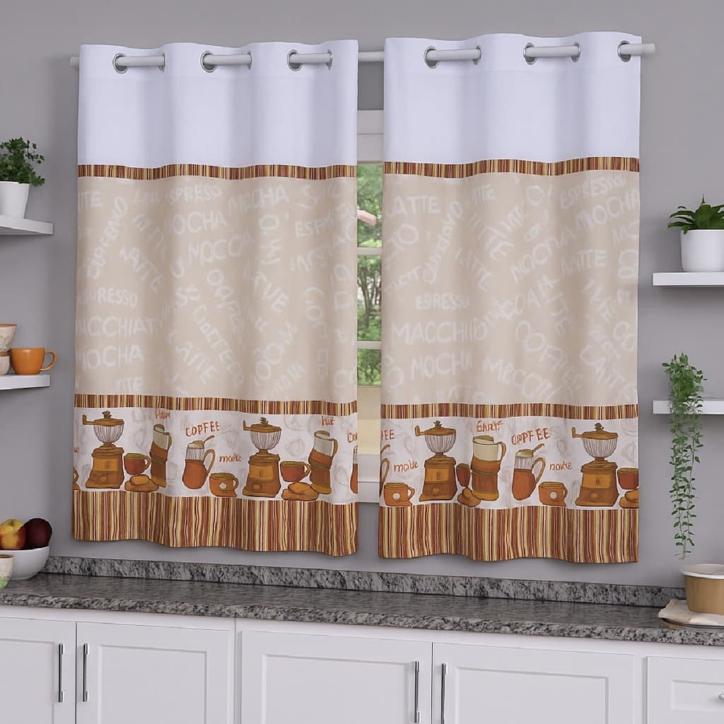 Cortina Cozinha Oxford 2,00x1,40 Estampa Forro Poliéster Ilhós Janela Vitrô Blackout Blecaute Lavável Lisa Moderna